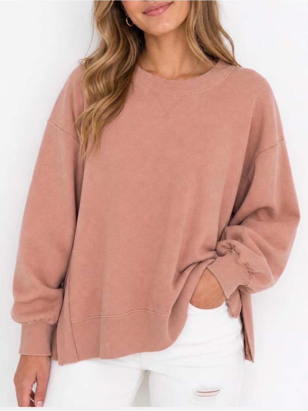 Aerie Slouchy Waffle Knit Oversized Relaxed Crew Neck Shirt Soft Pink